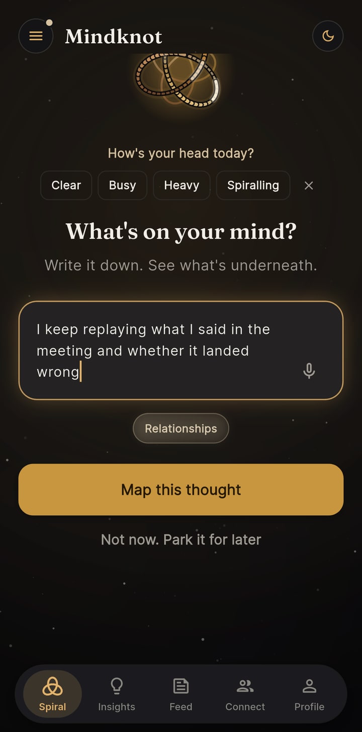 Mindknot home screen asking what is tangling your mind, with a quiet knot above the input