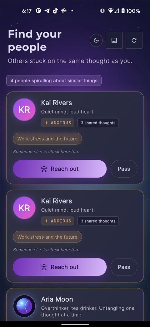 Mindknot connect screen showing people spiralling about similar things