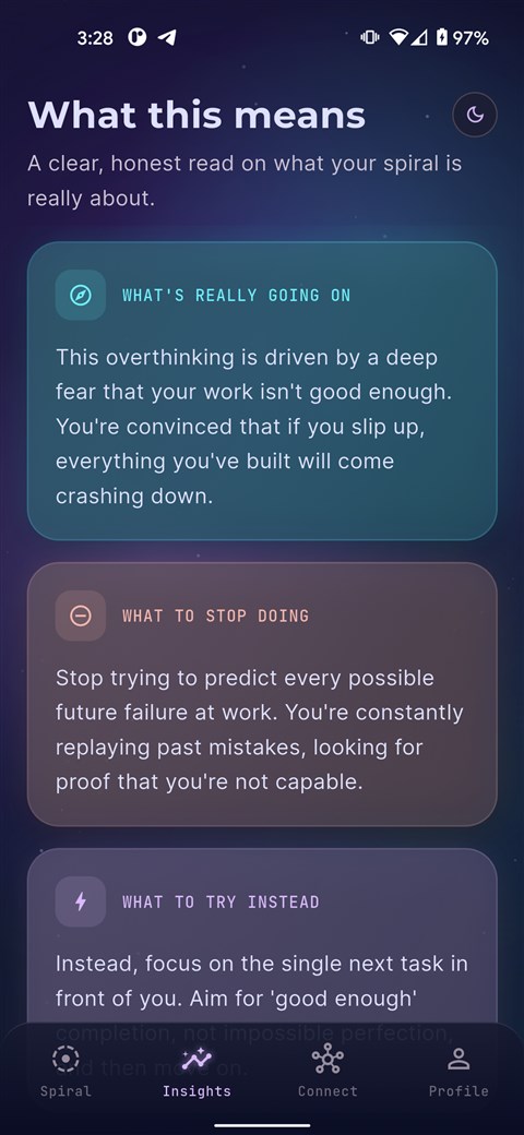 Mindknot insights screen explaining what a spiral really means and what to try instead